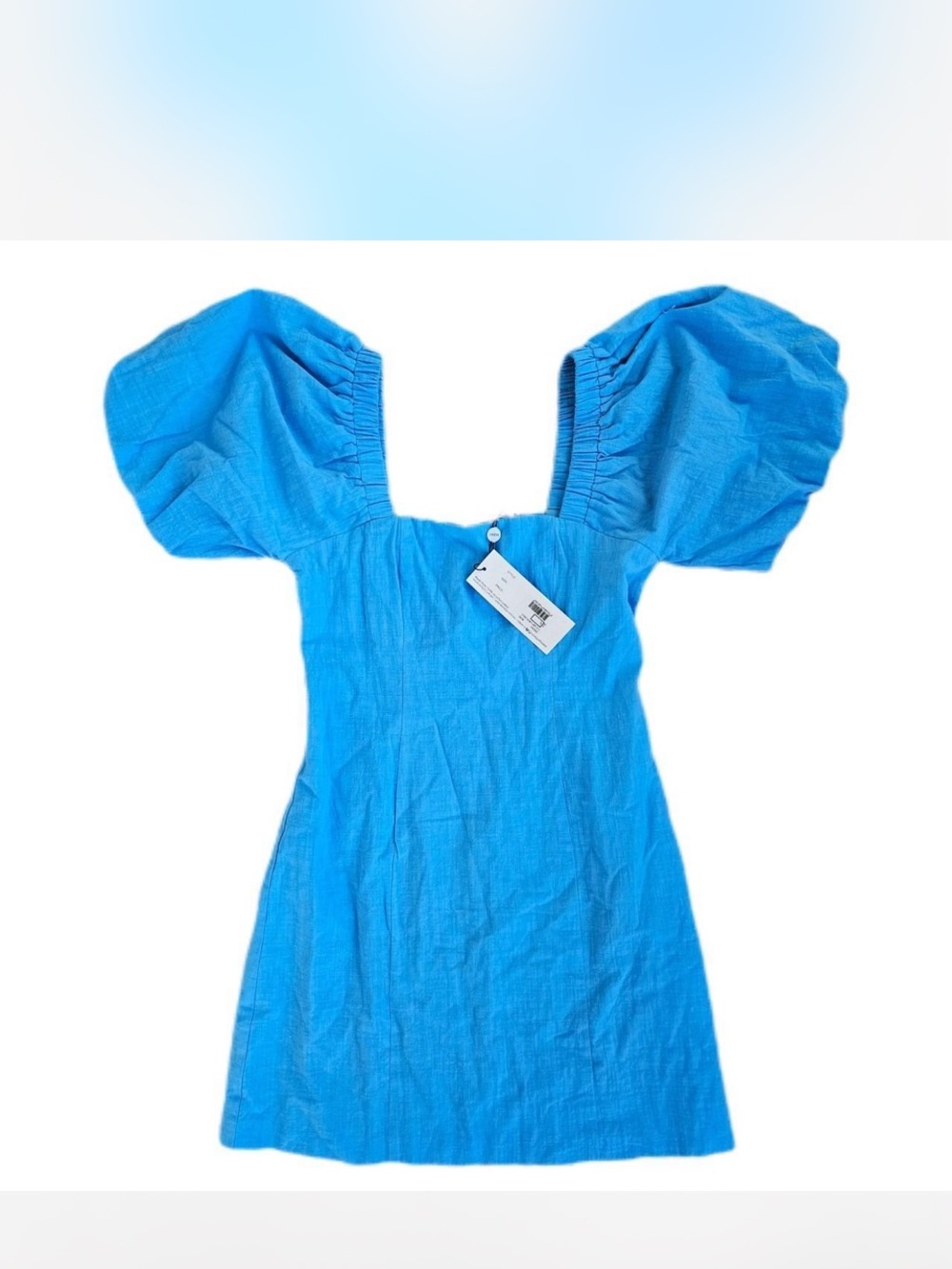 SYNDS 100% Linen Blue Puff Sleeve Mini Dress (Large)